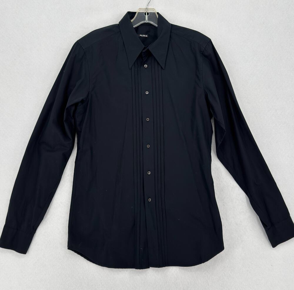 Vintage Miu Miu Mens Black Pleated Long Sleeve Dress Shirt Sz IT 39 US 15.5 M
